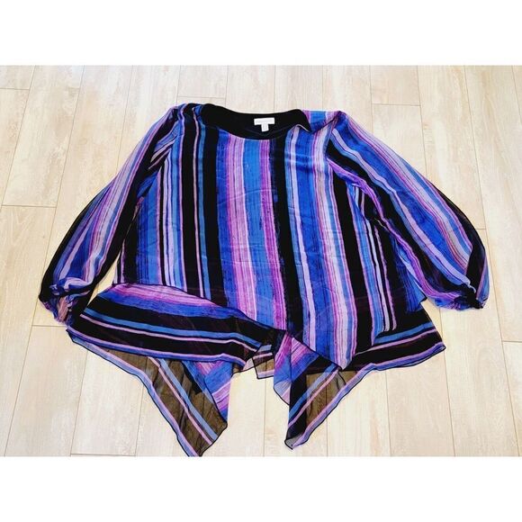 Susan Graver L Chiffon Layered Top‎ Purple Blue Stripe Angle Front L/S - Picture 1 of 7